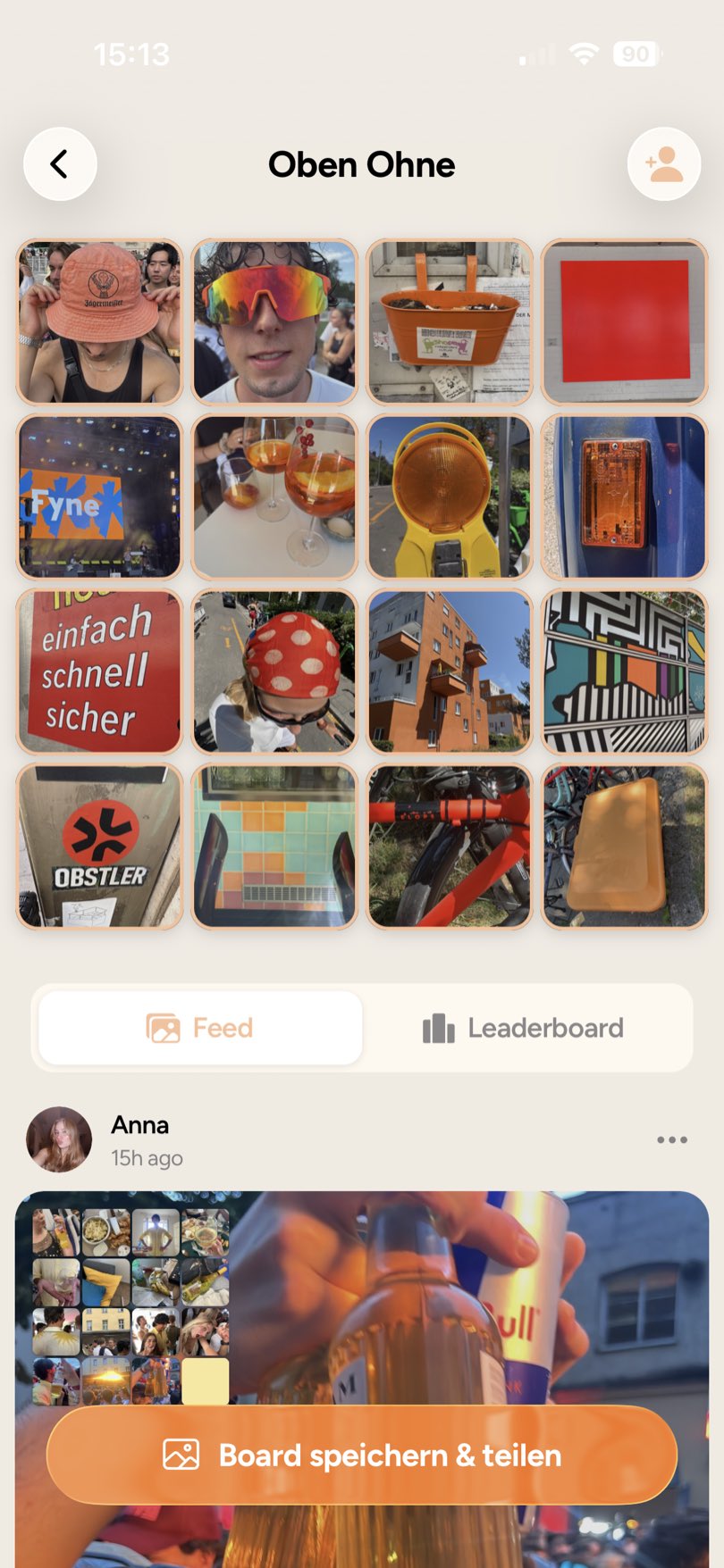 FotoBingo-Board voller echter Gästefotos von einem Festival