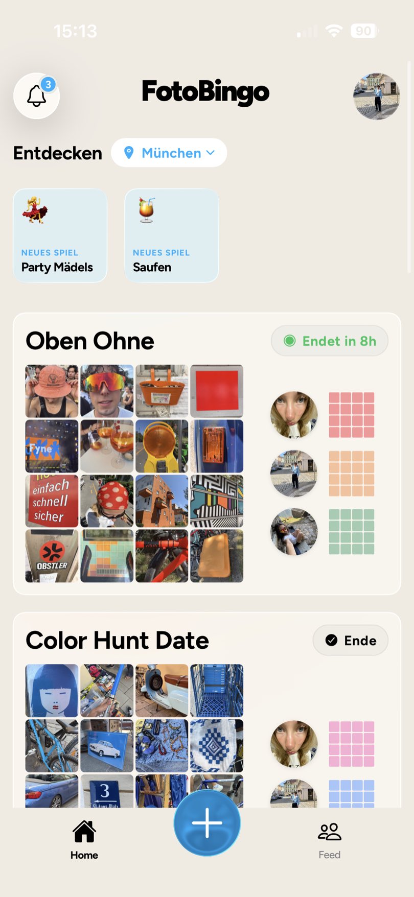 FotoBingo app: home screen with the boards in play