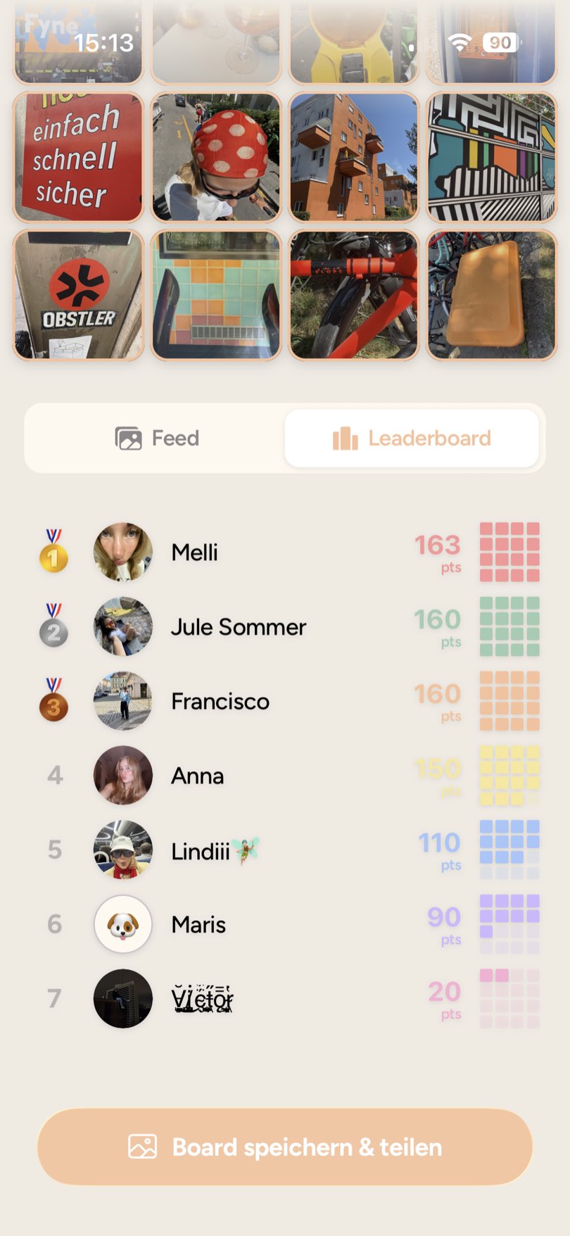FotoBingo App: Leaderboard mit den Punkteständen der Gäste