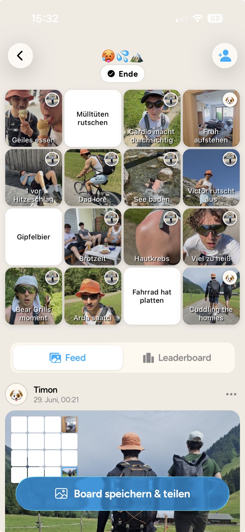 FotoBingo-Board eines Berg-Trips mit dem Live-Feed darunter