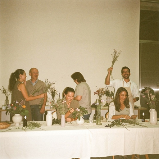Team gestaltet beim Workshop gemeinsam Blumenarrangements