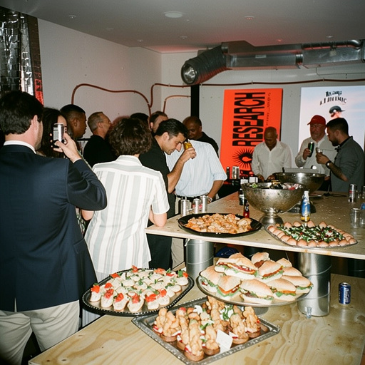 Kolleg:innen mischen sich bei einer Office-Party rund ums Buffet