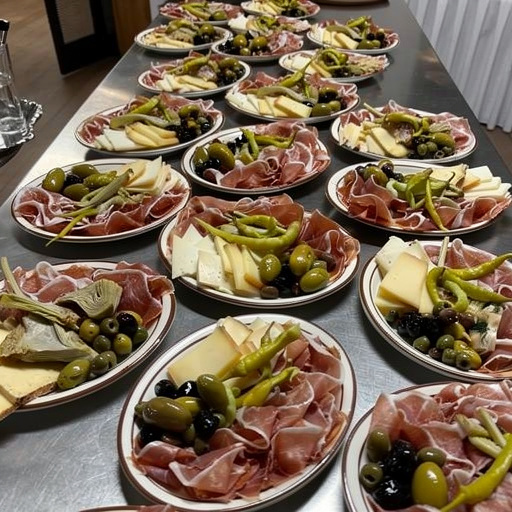 Lange Tafel mit Antipasti-Platten für die Gäste