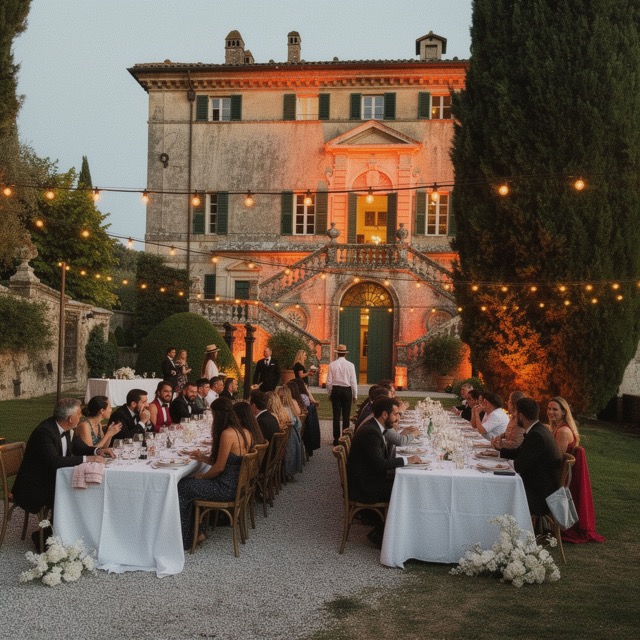 Lange Tafel im Garten einer Villa, abends unter Lichterketten