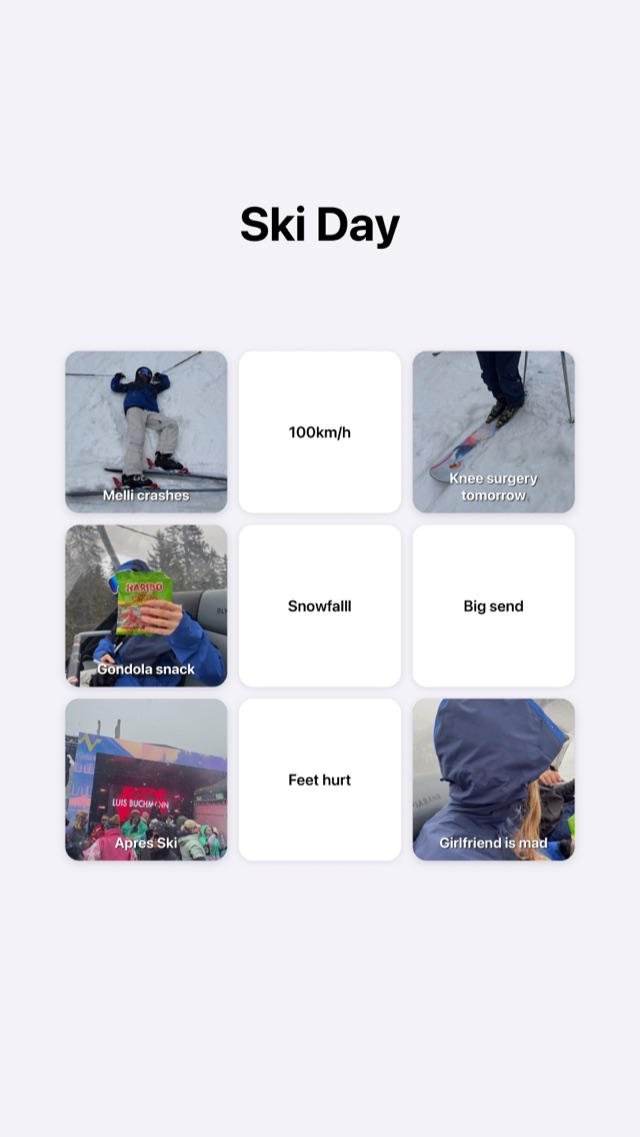 FotoBingo individuelle Bingo-Karte für den Ski-Tag